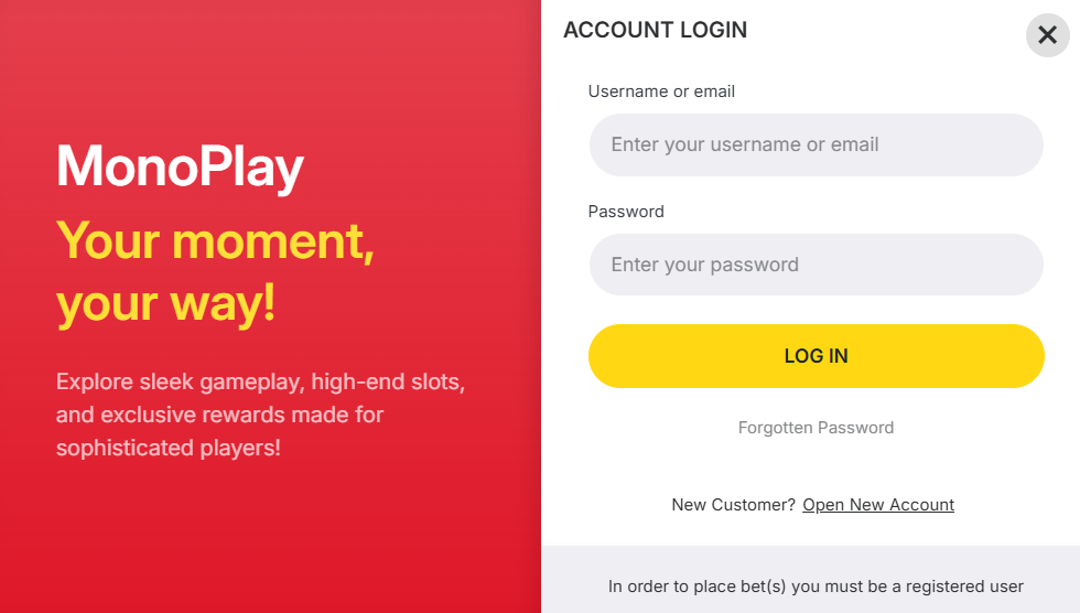 MonoPlay UK login window with username and password fields for British players.