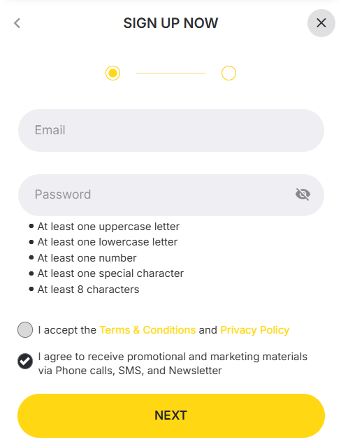 MonoPlay UK sign-up form showing email, password requirements and Terms & Conditions checkbox.