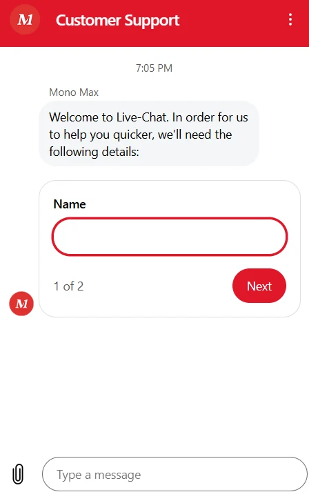 MonoPlay Casino UK live chat support asking the user to enter their name to start assistance.