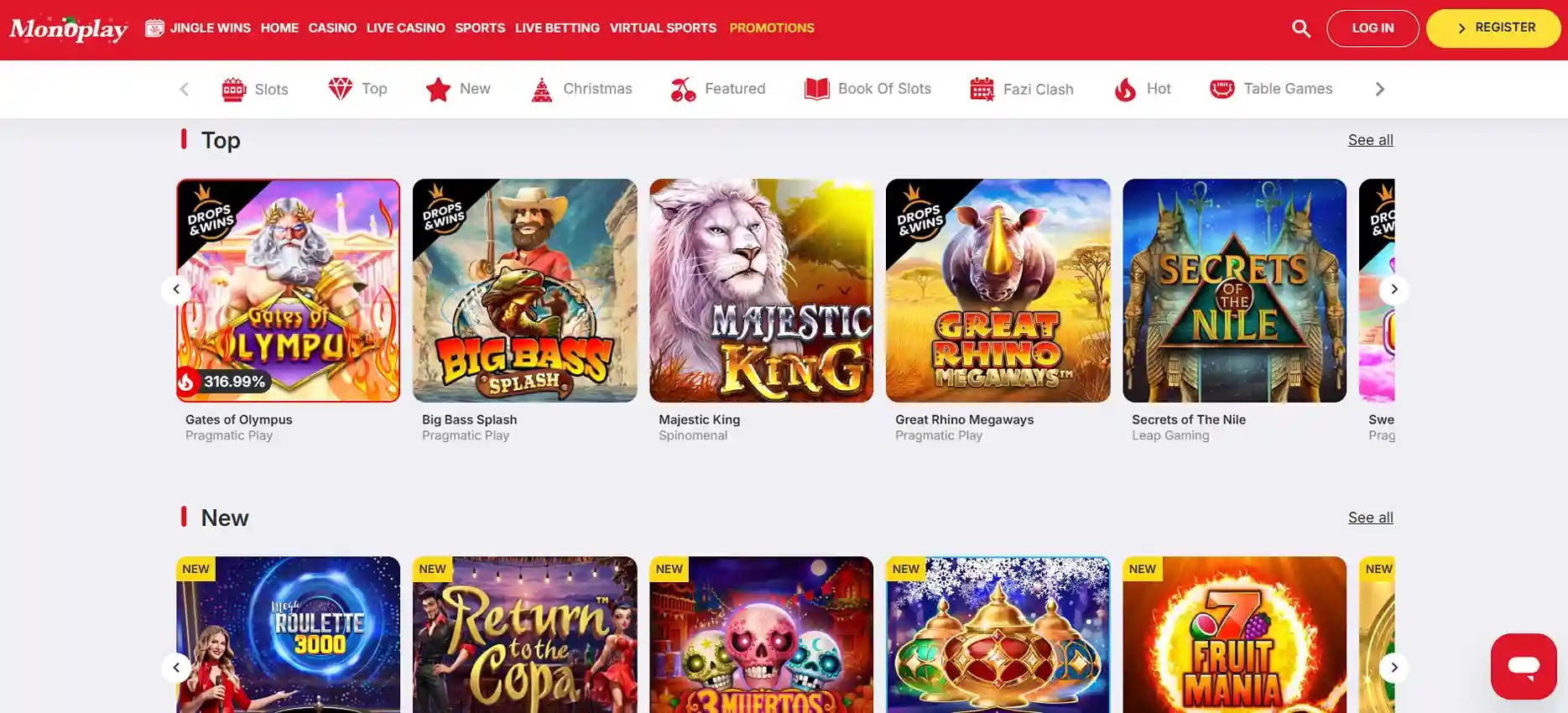 MonoPlay UK top online casino games section featuring Gates of Olympus, Big Bass Splash, Majestic King and other popular slots.
