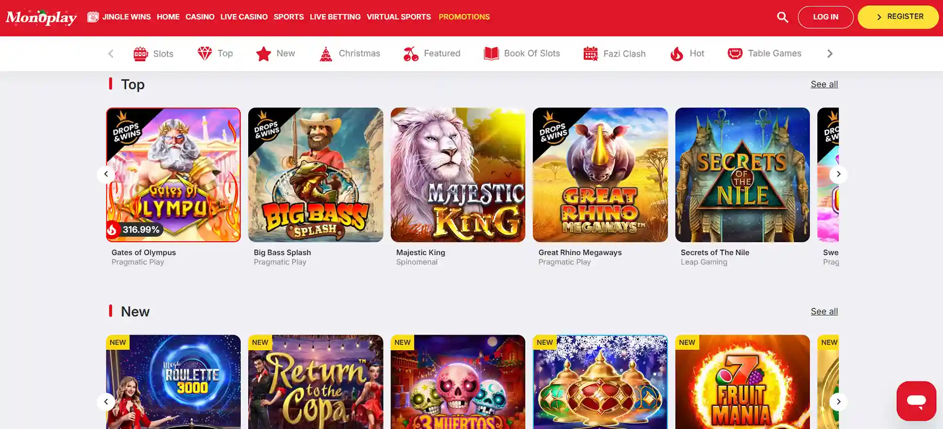MonoPlay UK top online casino games section featuring Gates of Olympus, Big Bass Splash, Majestic King and other popular slots.